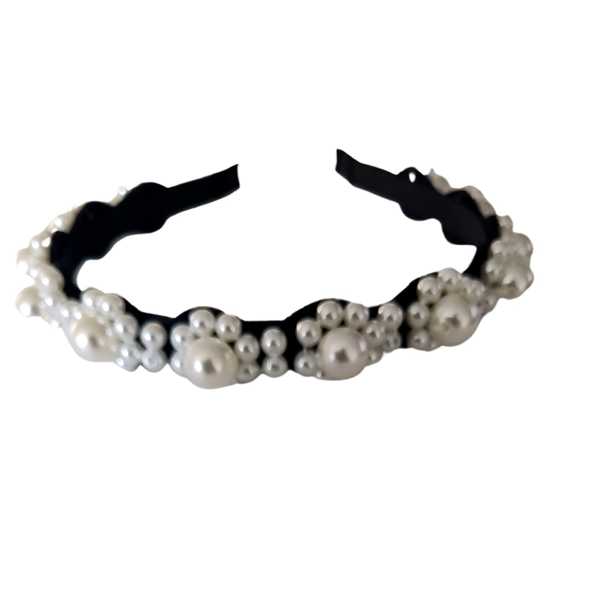 Stylish wide black pearl headband for secure fit and comfort