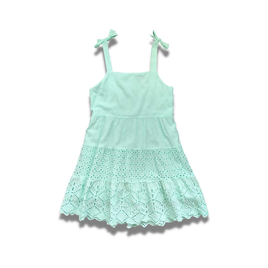 Mint green tween dress with eyelet lace hem for girls