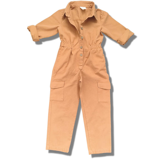Big girls camel cotton jumpsuit with cargo pockets