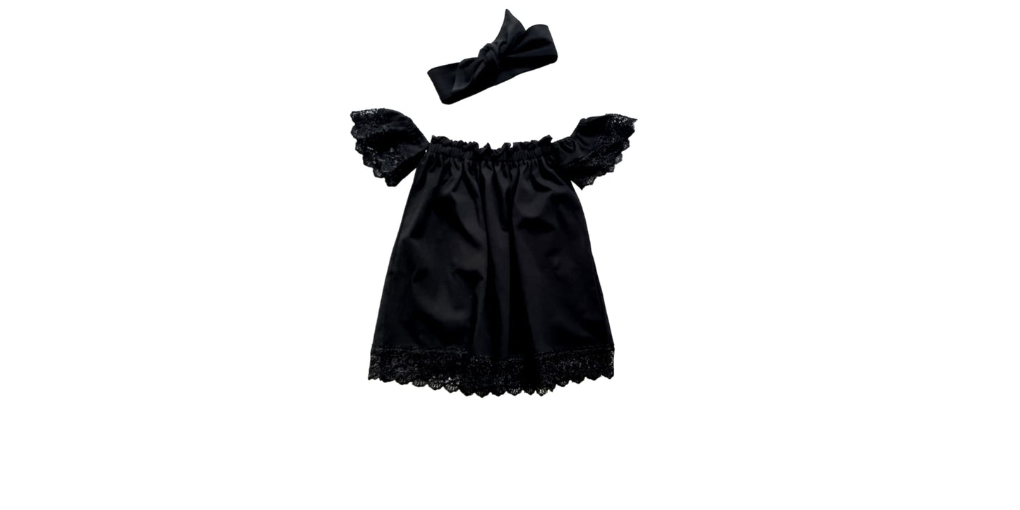 Off-Shoulder Black Cotton Dress with Lace Accents for Toddlers