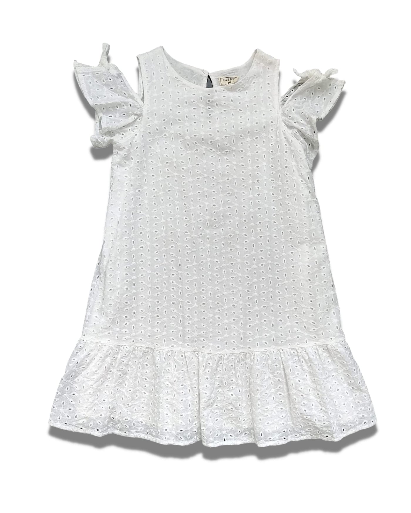 Girl's White Eyelet Ruffle Dress- 100% Cotton Knee Length Swing Dress