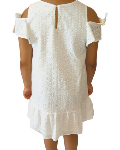 Girl's White Eyelet Ruffle Dress- 100% Cotton Knee Length Swing Dress