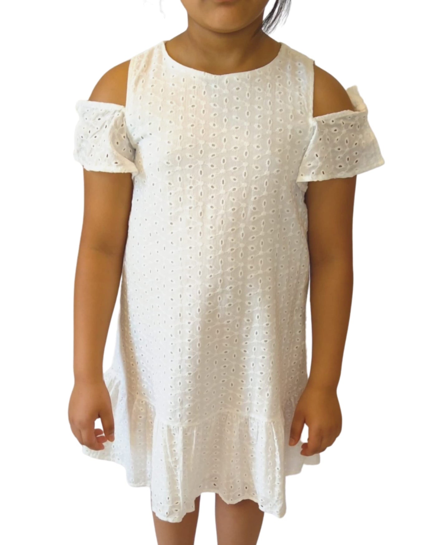 Girl's White Eyelet Ruffle Dress- 100% Cotton Knee Length Swing Dress